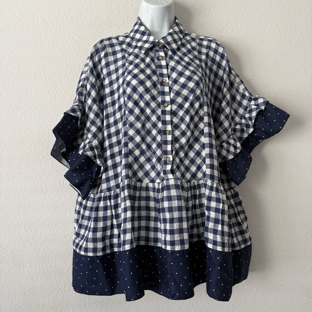 Maeve Anthropologie Gingham Polka Dot Flounced Ruffle Peplum Blouse Tunic Blue M